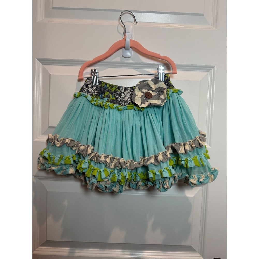 Mustard Pie Girls Size 7 Aqua Blue Tiered Ruffle Tulle Skirt Flower Accent Boho